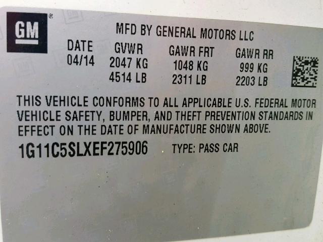 1G11C5SLXEF275906 - 2014 CHEVROLET MALIBU 1LT WHITE photo 10