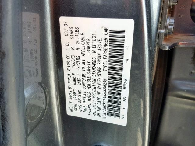 JHMCP26488C006295 - 2008 HONDA ACCORD LXP GRAY photo 10