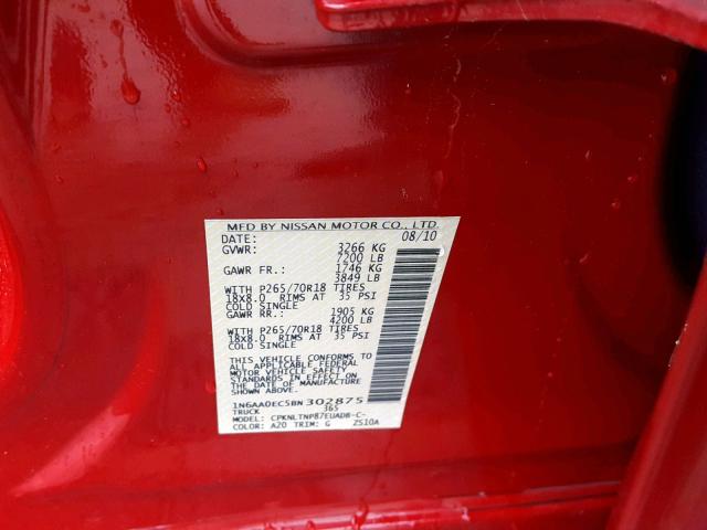 1N6AA0EC5BN302875 - 2011 NISSAN TITAN S RED photo 10