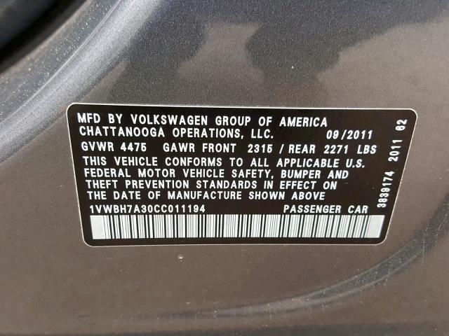 1VWBH7A30CC011194 - 2012 VOLKSWAGEN PASSAT SE GRAY photo 10