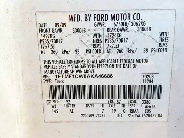 1FTMF1CW8AKA46686 - 2010 FORD F150 WHITE photo 10