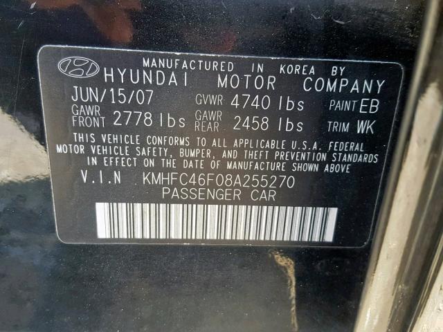 KMHFC46F08A255270 - 2008 HYUNDAI AZERA SE BLACK photo 10