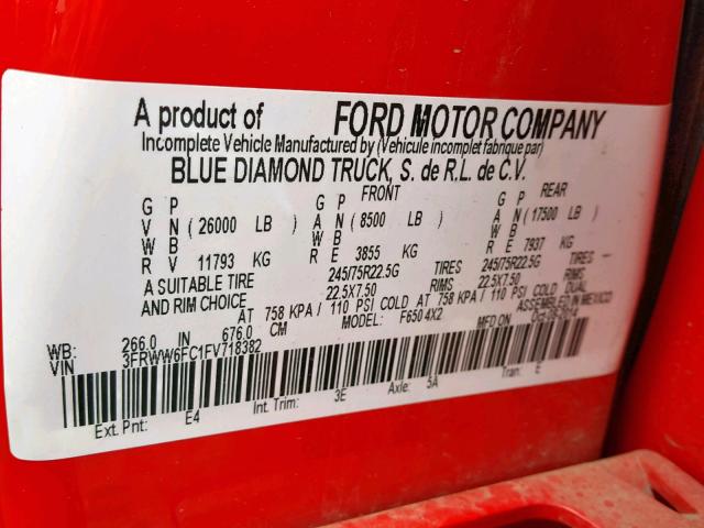 3FRWW6FC1FV718382 - 2015 FORD F650 SUPER RED photo 10