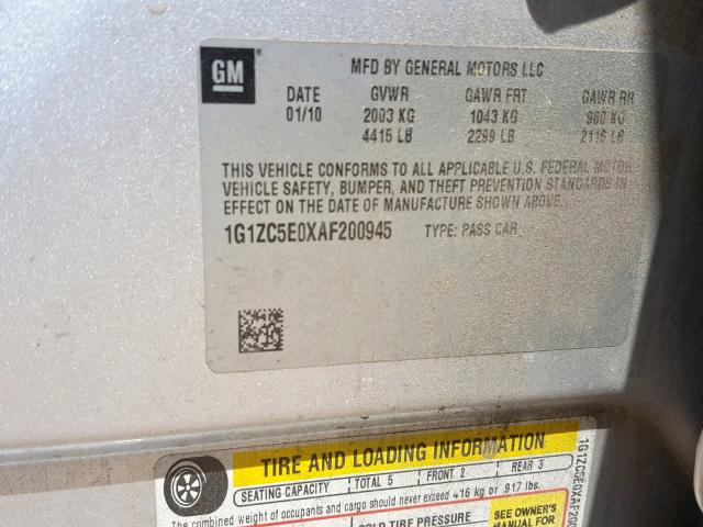 1G1ZC5E0XAF200945 - 2010 CHEVROLET MALIBU 1LT SILVER photo 10