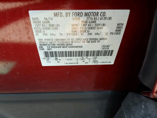 1FM5K8F80FGA04542 - 2015 FORD EXPLORER L RED photo 10