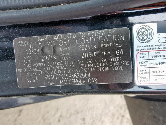 KNAFE221595632664 - 2009 KIA SPECTRA EX BLACK photo 10