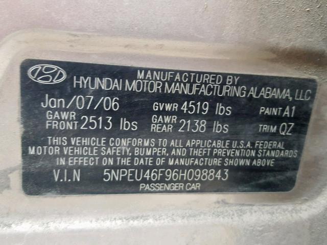 5NPEU46F96H098843 - 2006 HYUNDAI SONATA GLS BEIGE photo 10