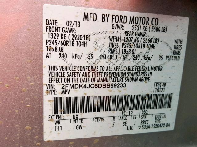 2FMDK4JC6DBB89233 - 2013 FORD EDGE SEL SILVER photo 10