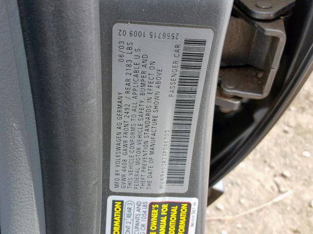 WVWRH63B24P046703 - 2004 VOLKSWAGEN PASSAT GLX GRAY photo 10