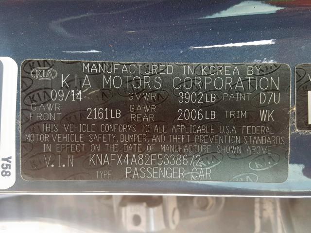 KNAFX4A82F5338672 - 2015 KIA FORTE EX GRAY photo 10