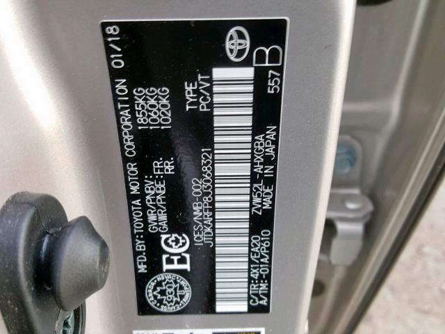 JTDKARFP8J3068321 - 2018 TOYOTA PRIUS PRIM 银色 照片 10