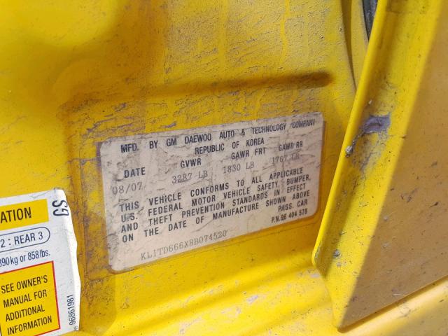 KL1TD666X8B074520 - 2008 CHEVROLET AVEO BASE ყვითელი ფოტო 10