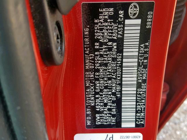 4T1BF1FKXDU714962 - 2013 TOYOTA CAMRY L RED photo 10