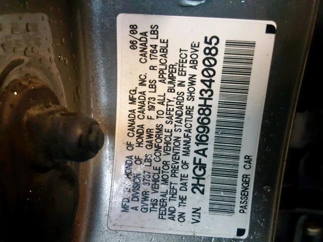 2HGFA16968H340085 - 2008 HONDA CIVIC EXL GRAY photo 10