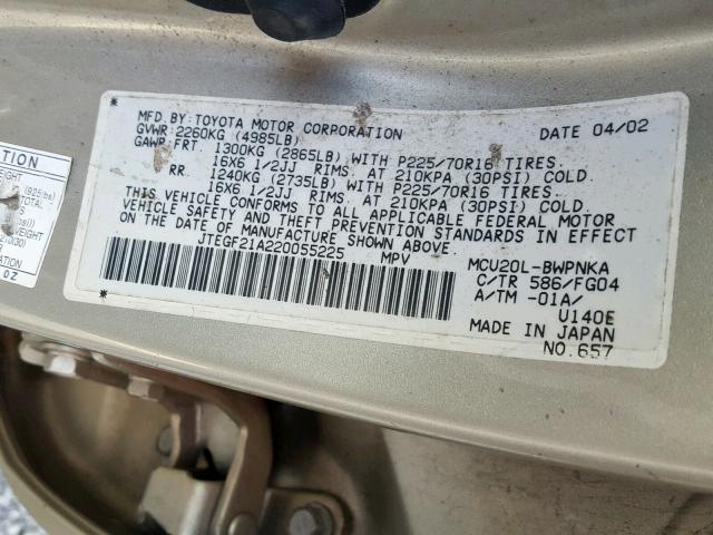 JTEGF21A220055225 - 2002 TOYOTA HIGHLANDER GOLD photo 10