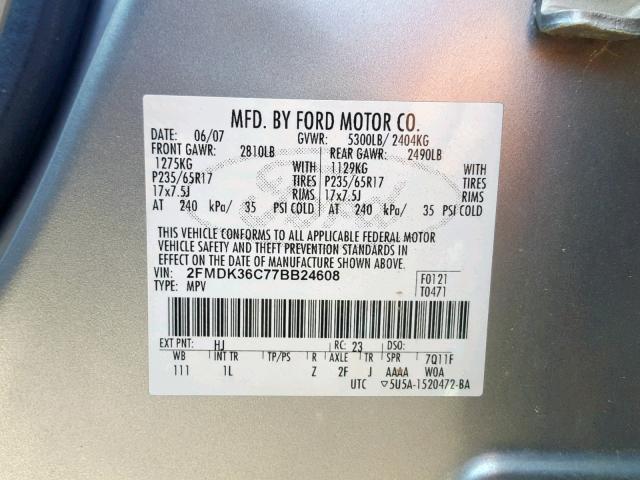 2FMDK36C77BB24608 - 2007 FORD EDGE SE SILVER photo 10