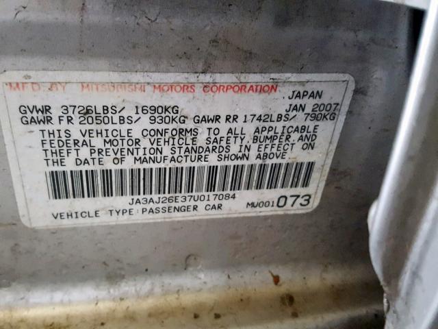 JA3AJ26E37U017084 - 2007 MITSUBISHI LANCER ES SILVER photo 10