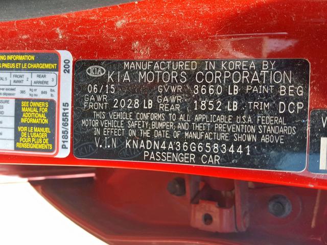 KNADN4A36G6583441 - 2016 KIA RIO EX RED photo 10