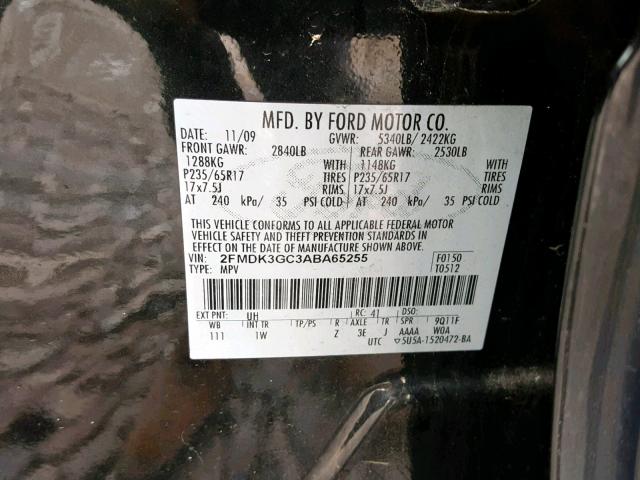 2FMDK3GC3ABA65255 - 2010 FORD EDGE SE BLACK photo 10