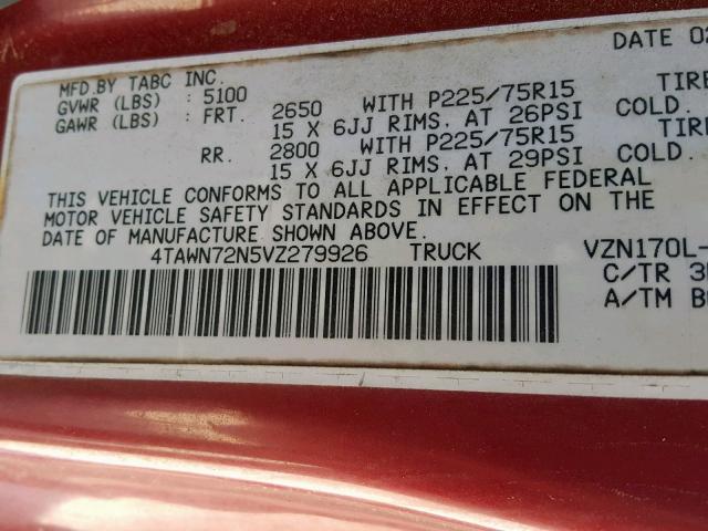 4TAWN72N5VZ279926 - 1997 TOYOTA TACOMA XTR RED photo 10