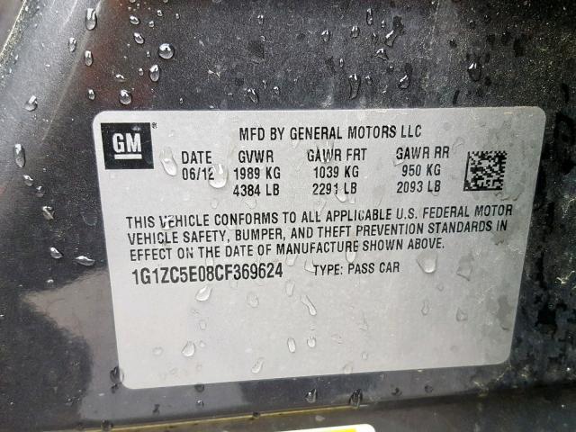 1G1ZC5E08CF369624 - 2012 CHEVROLET MALIBU 1LT GRAY photo 10