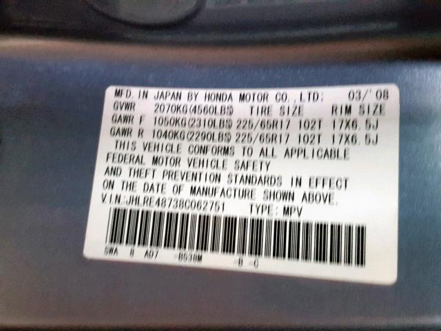 JHLRE48738C062751 - 2008 HONDA CR-V EXL BLUE photo 10