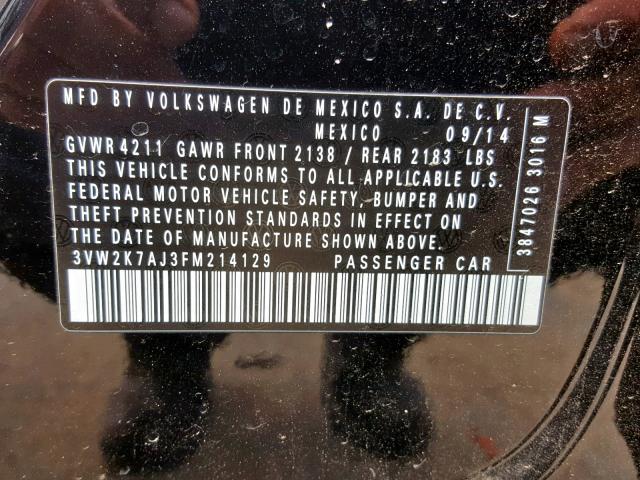 3VW2K7AJ3FM214129 - 2015 VOLKSWAGEN JETTA BASE BLACK photo 10