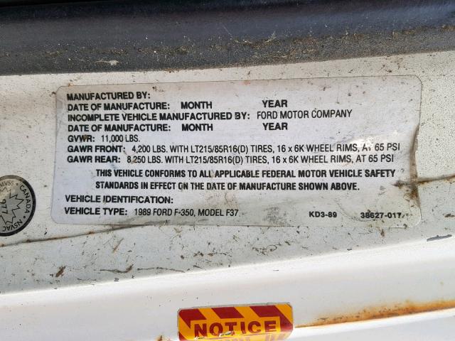 2FDKF37M8KCB11243 - 1989 FORD F350 WHITE photo 10