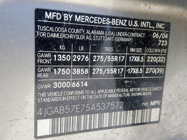 4JGAB57E75A537572 - 2005 MERCEDES-BENZ ML 350 SILVER photo 10