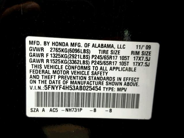 5FNYF4H53AB025454 - 2010 HONDA PILOT EXL BLACK photo 10