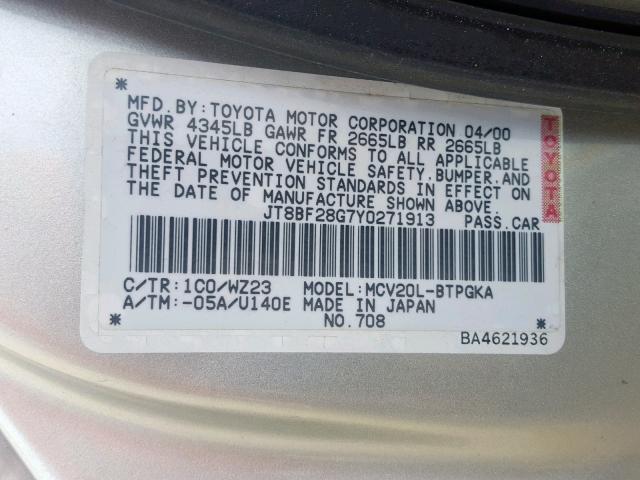 JT8BF28G7Y0271913 - 2000 LEXUS ES 300 SILVER photo 10