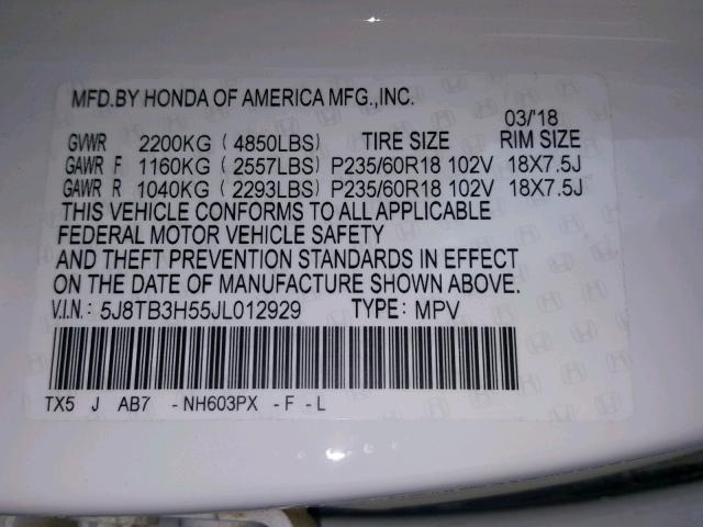 5J8TB3H55JL012929 - 2018 ACURA RDX TECHNO WHITE photo 10