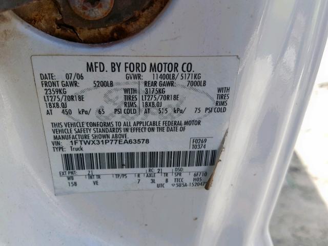 1FTWX31P77EA63578 - 2007 FORD F350 SRW S WHITE photo 10