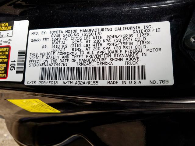 5TEUX4EN4AZ744761 - 2010 TOYOTA TACOMA ACCESS CAB  ფოტო 10