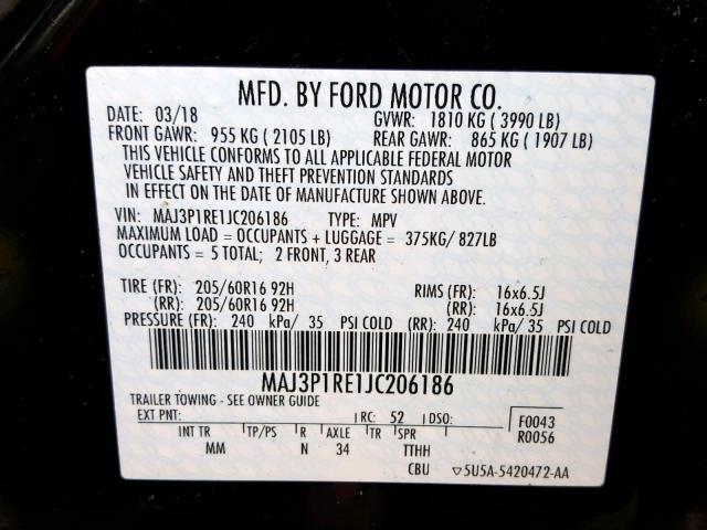 MAJ3P1RE1JC206186 - 2018 FORD ECOSPORT S BLACK photo 10