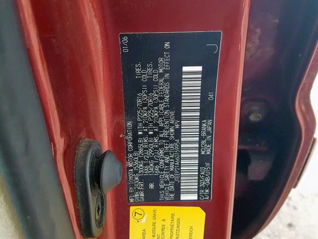 JTEEP21A660159954 - 2006 TOYOTA HIGHLANDER BURGUNDY photo 10