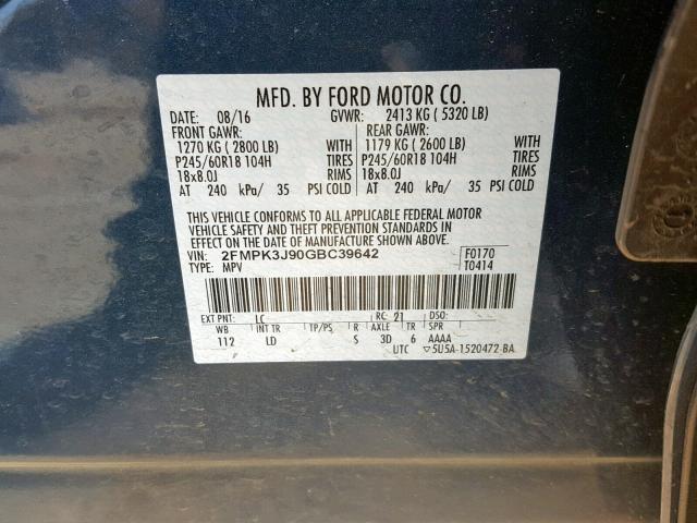 2FMPK3J90GBC39642 - 2016 FORD EDGE SEL BLUE photo 10