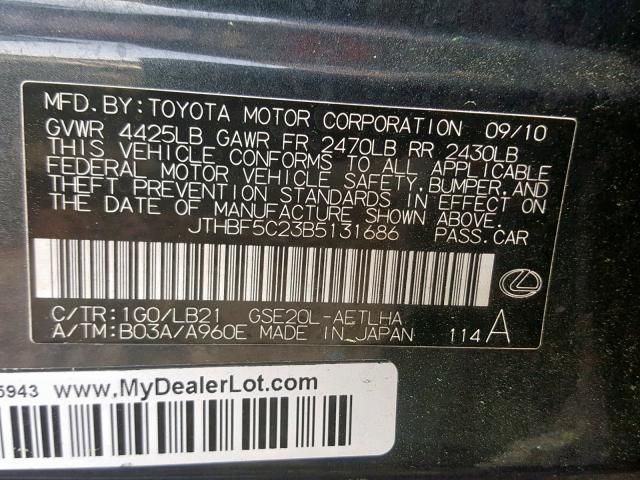 JTHBF5C23B5131686 - 2011 LEXUS IS 250 BLACK photo 10