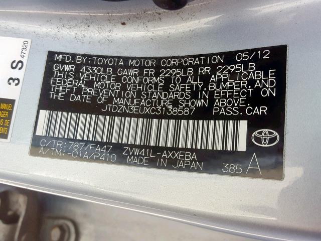 JTDZN3EUXC3138587 - 2012 TOYOTA PRIUS V SILVER photo 10