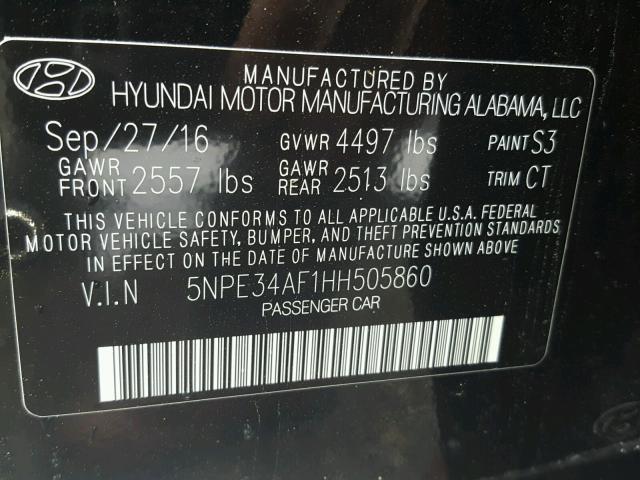 5NPE34AF1HH505860 - 2017 HYUNDAI SONATA SPO BLACK photo 10