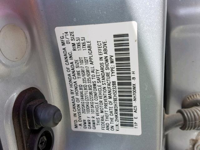 2HKRM3H78EH523288 - 2014 HONDA CR-V EXL SILVER photo 10