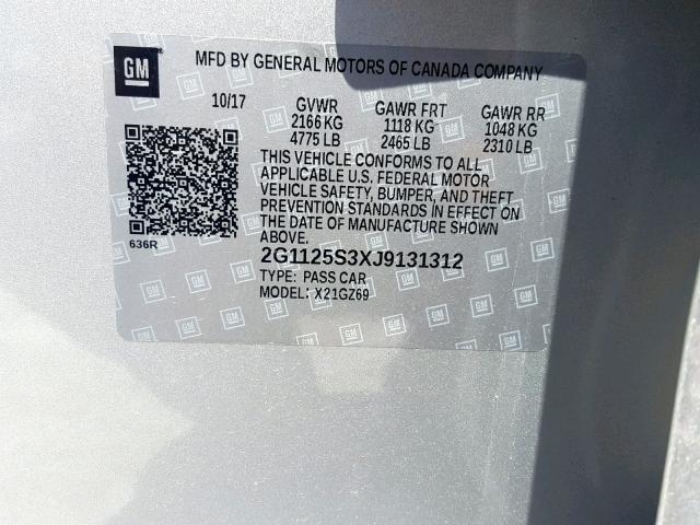 2G1125S3XJ9131312 - 2018 CHEVROLET IMPALA PRE SILVER photo 10