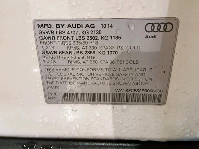 WA1BFCFS2FR006060 - 2015 AUDI Q3 PREMIUM WHITE photo 10