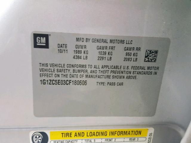 1G1ZC5E03CF180606 - 2012 CHEVROLET MALIBU 1LT 银色 照片 10