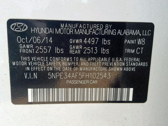 5NPE34AF5FH102543 - 2015 HYUNDAI SONATA SPO WHITE photo 10