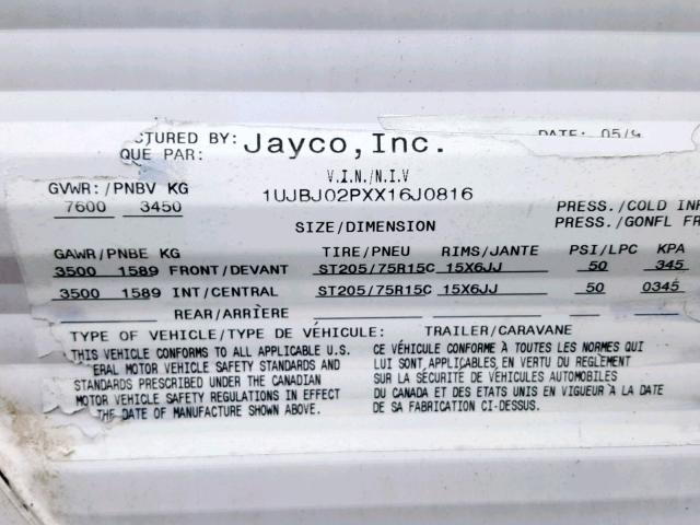 1UJBJ02PXX16J0816 - 1999 JAYCO QWEST  WHITE photo 10