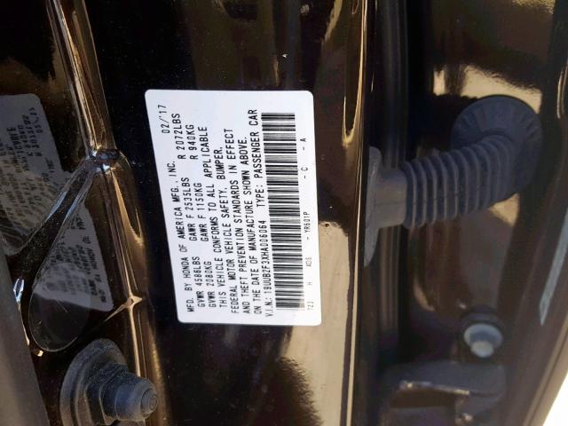 19UUB2F3XHA006064 - 2017 ACURA TLX BLACK photo 10