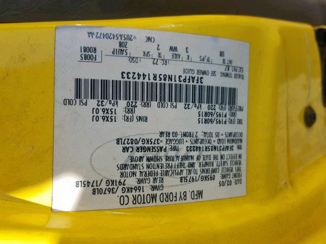 3FAFP31N85R144233 - 2005 FORD FOCUS ZX3 YELLOW photo 10