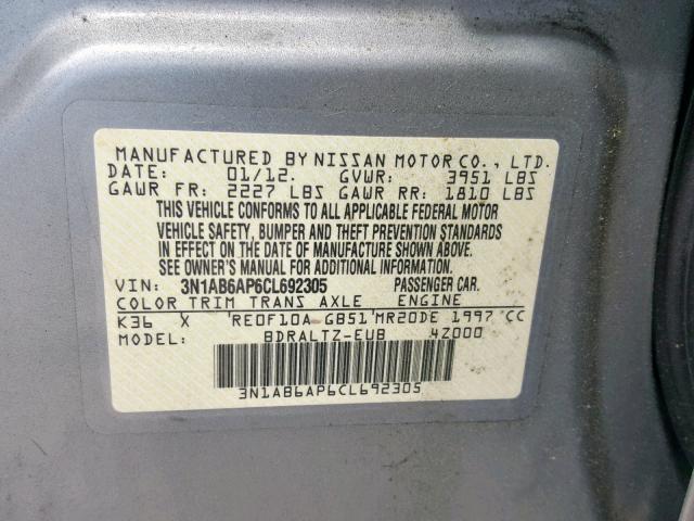 3N1AB6AP6CL692305 - 2012 NISSAN SENTRA 2.0 GRAY photo 10