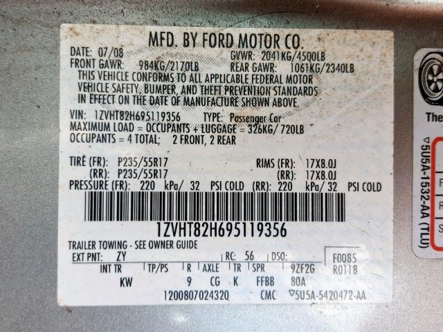 1ZVHT82H695119356 - 2009 FORD MUSTANG GT SILVER photo 10